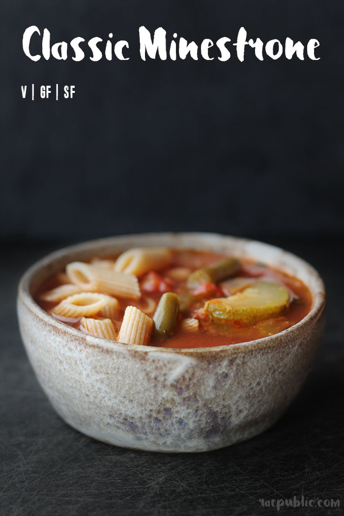 Bowl of minestrone soup with black background