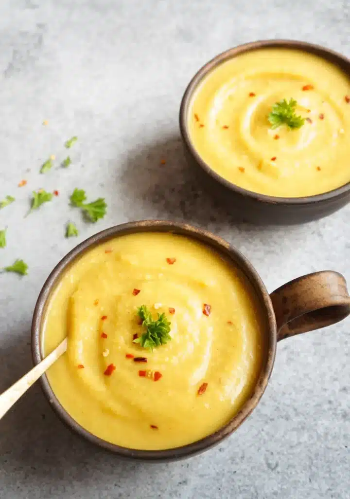 Two wide mugs with handles filled with creamy yellow cauliflower soup.