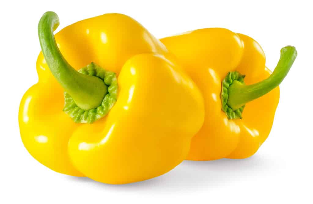 Two yellow bell peppers with green stems.
