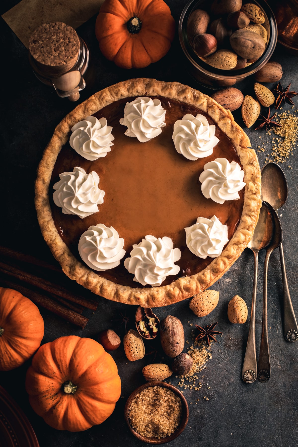 Creamy pumpkin pie with swirls of whipped cream on top. 
