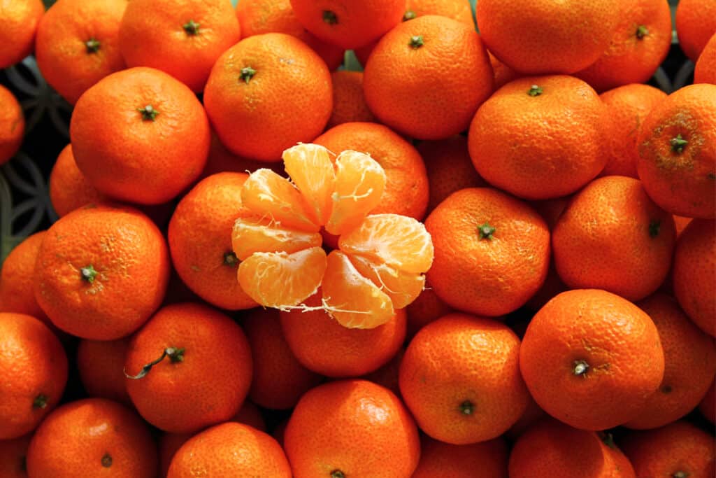 Pile of Mandarin oranges with one in the center thats peeled.