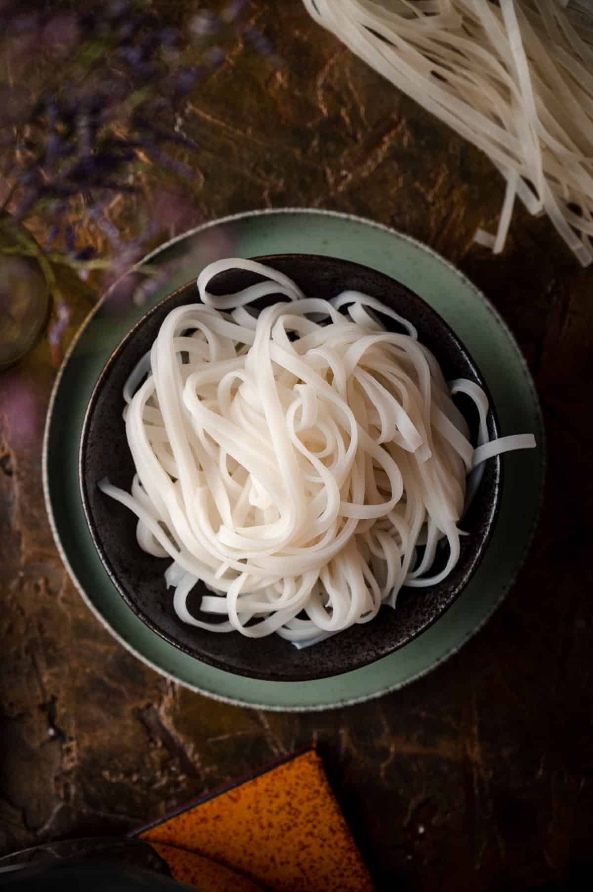 Flat lay image of a black bowl on top of a green plate filled with rice noodles.