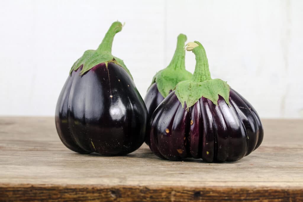 Three black beauty eggplants with green stems.