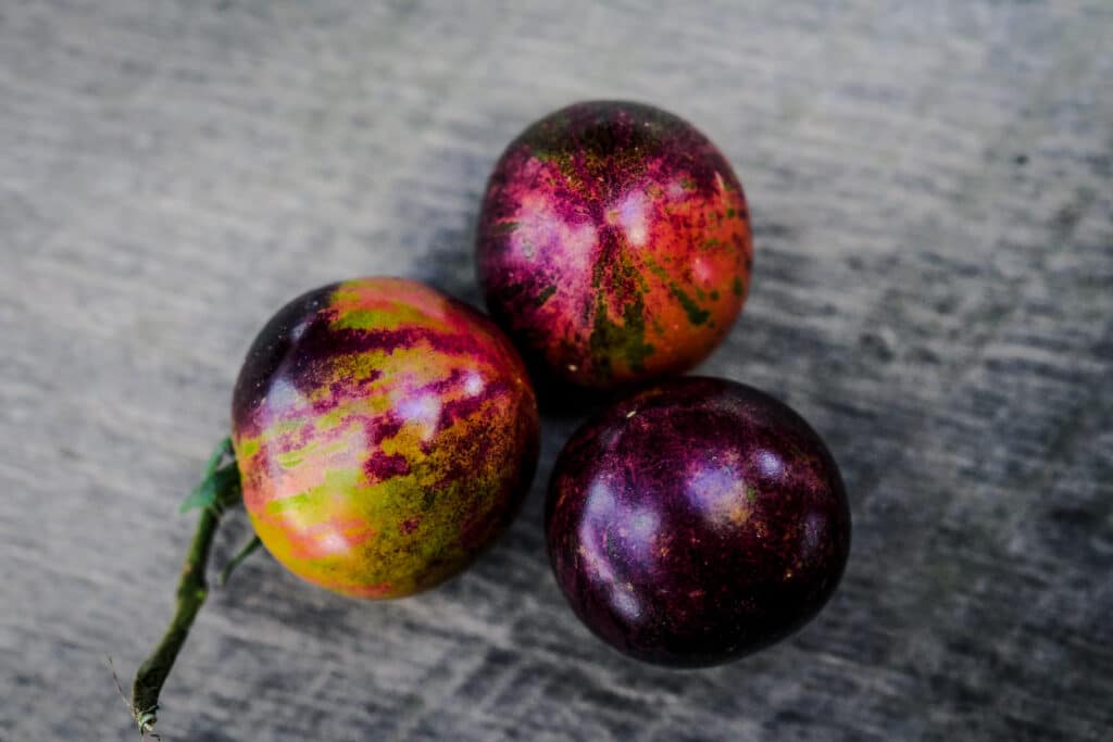 Three black strawberry tomatoes with green to purple to black coloring on a gray surface.