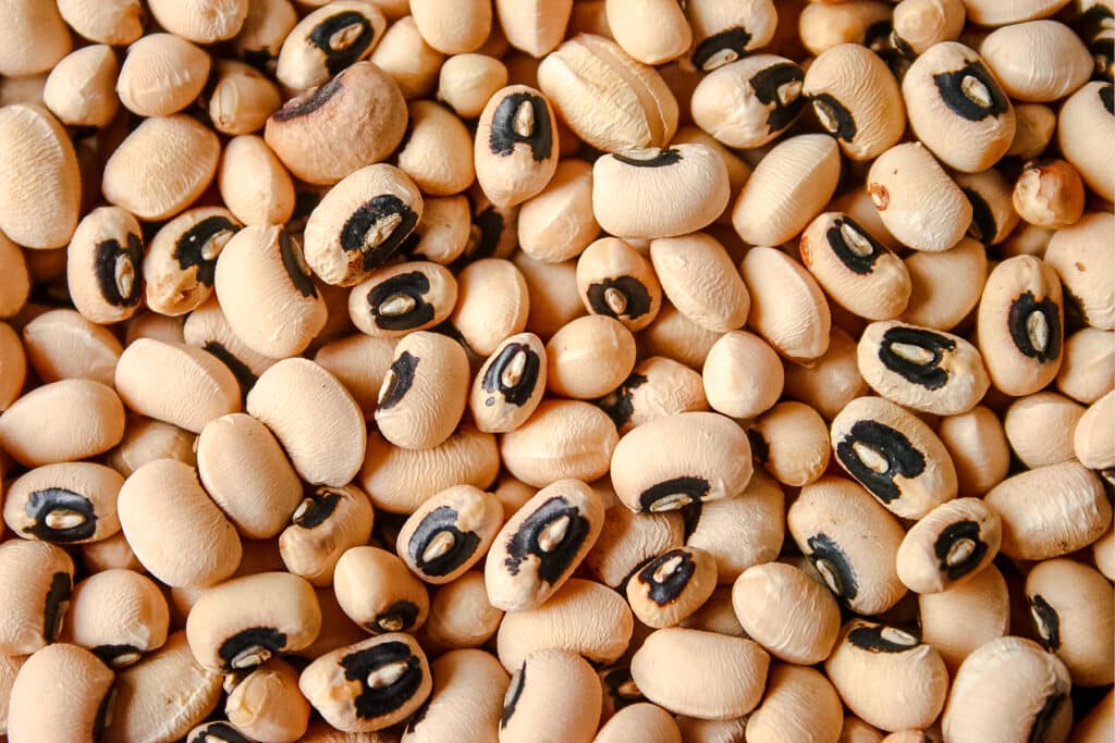 Large amount of black eyed peas covering the surface of a table.