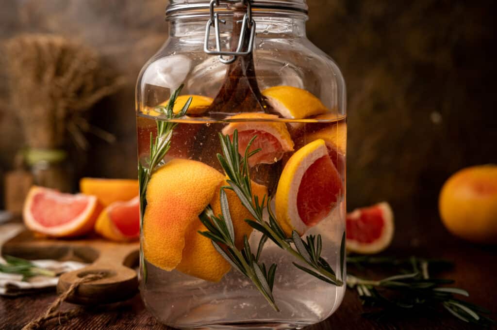 Jar of grapefruit infused water with rosemary sprigs being stirred with a wooden spoon.