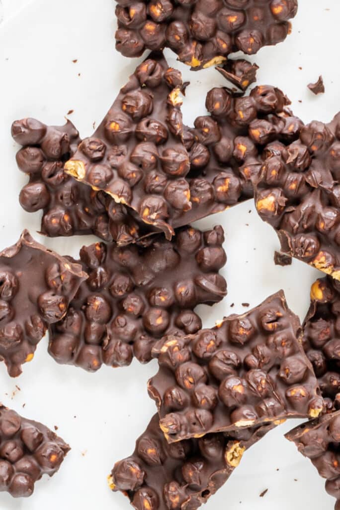 Large chunks of chocolate covered chickpeas. 