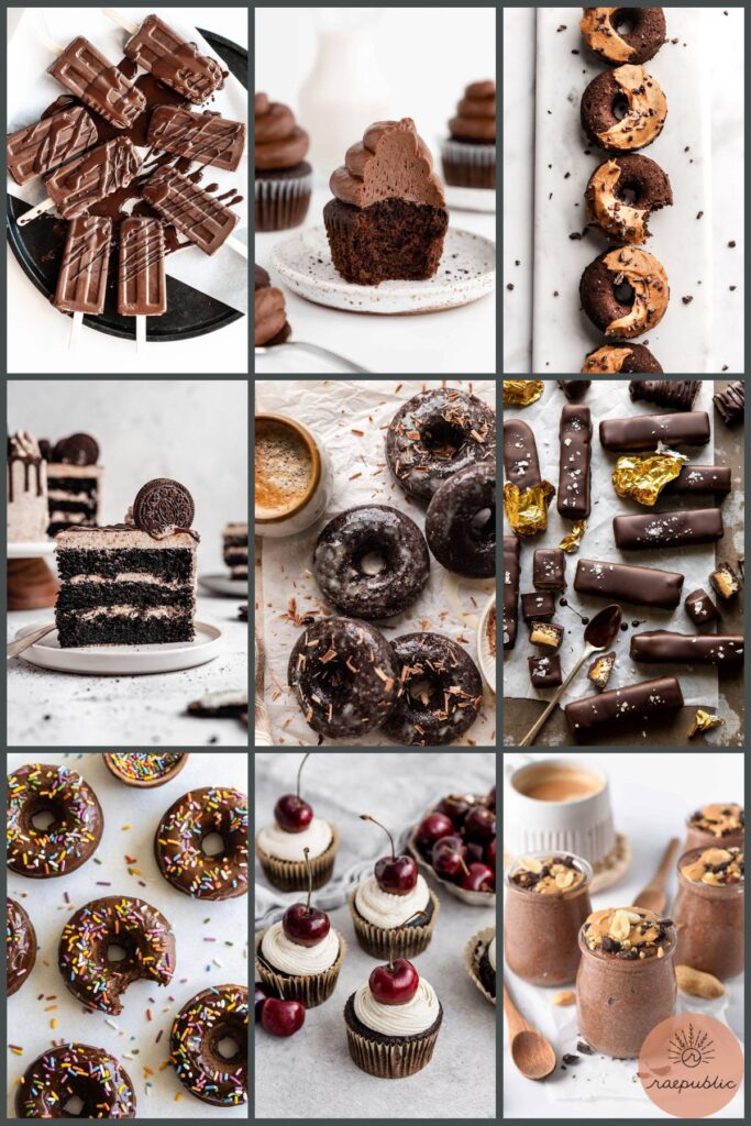 Nine image grid of different vegan chocolate dessert recipes.