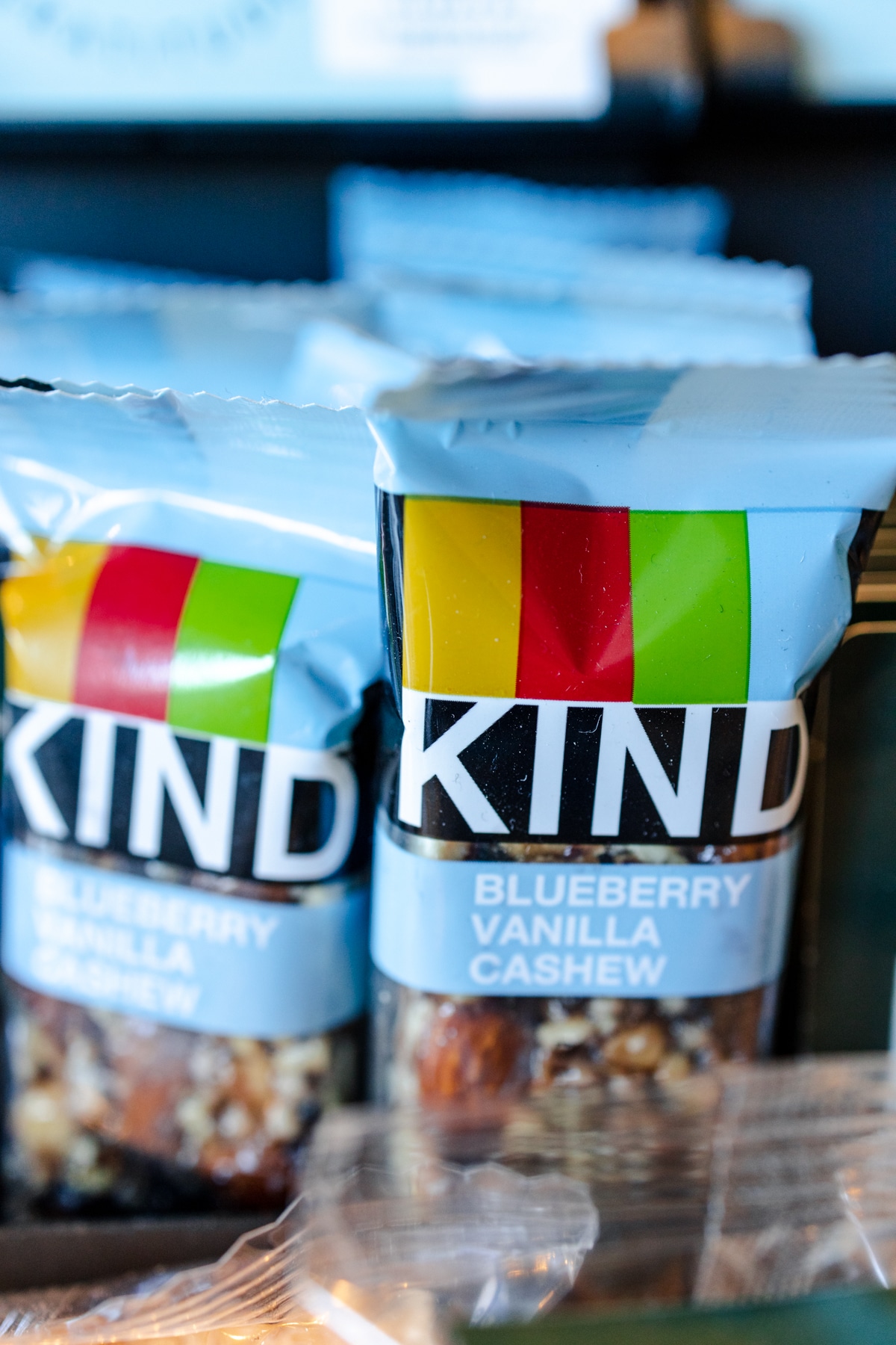 Kind bars with a light blue and clear wrapper.