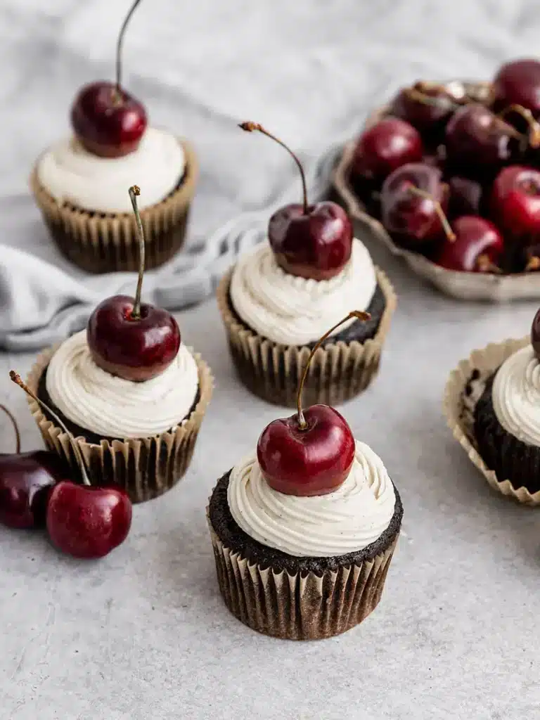 Several chocolate cherry cupcakes with creamy vanilla frosting and cherries on top.