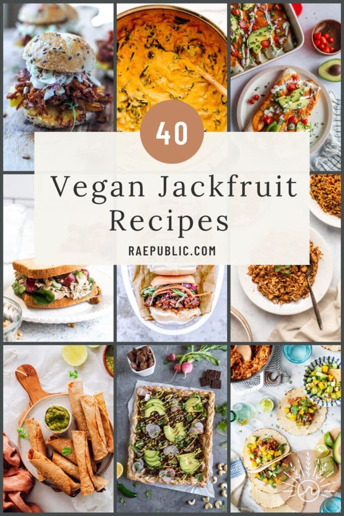 Grid of nine jackfruit recipes with a title over them.