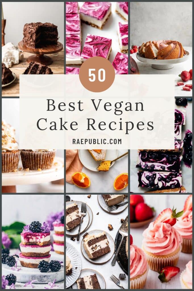 Nine cake recipe images in a grid with a title over them.