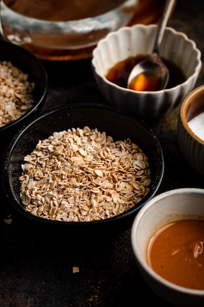 Close up of ingredients for vegan peanut butter oatmeal.
