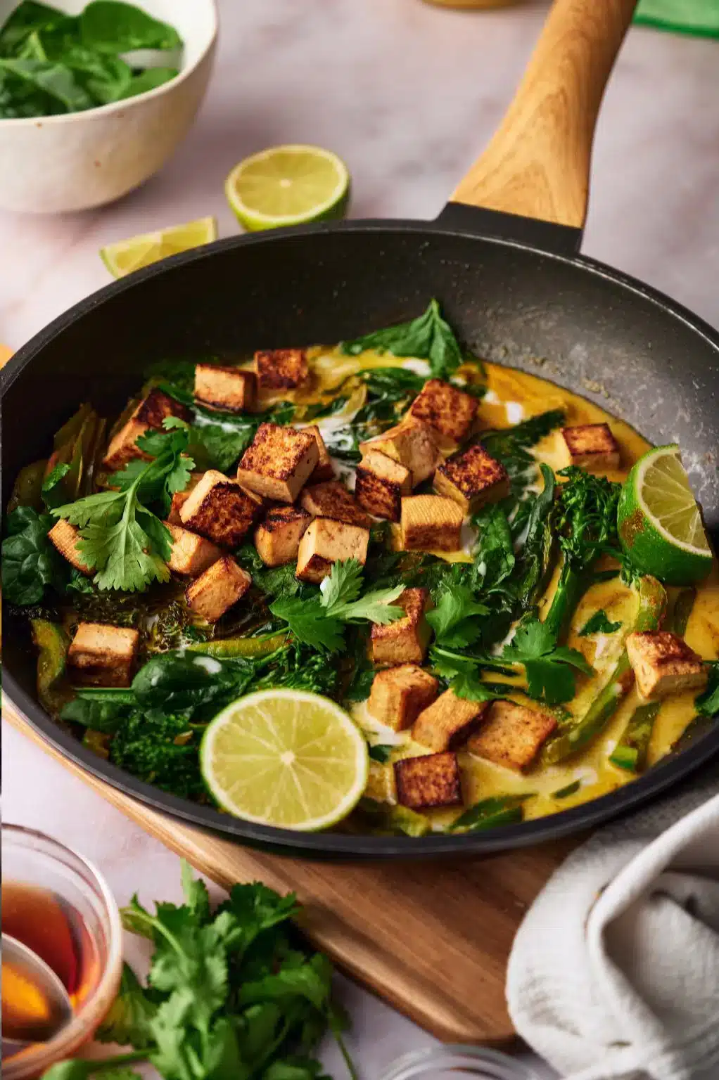 A vegan skillet with tofu and spinach.