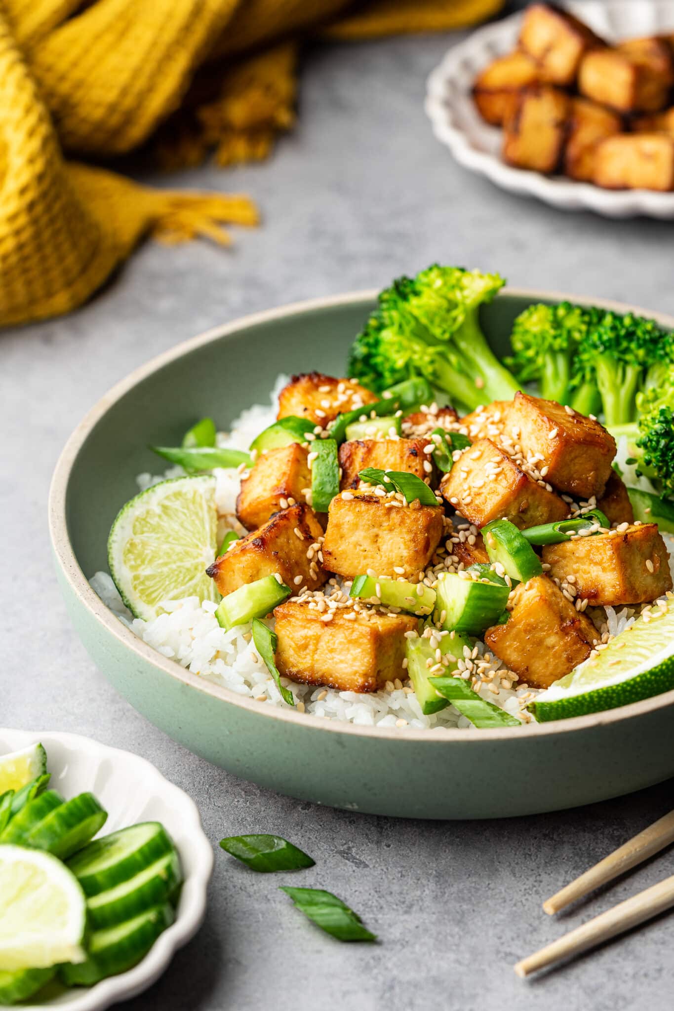 A vegan bowl of Asian tofu with broccoli.