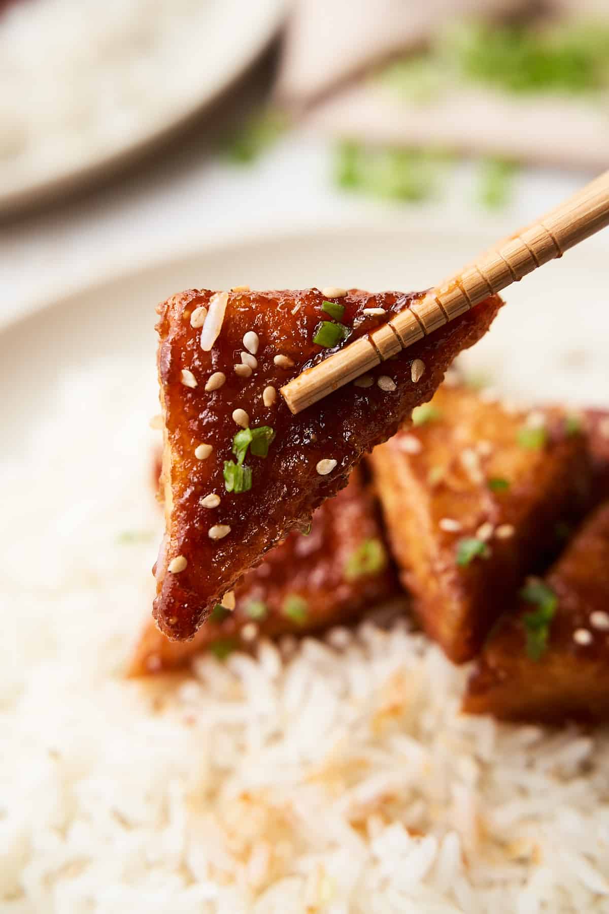 Vegan dish featuring tofu and rice, served with chopsticks.