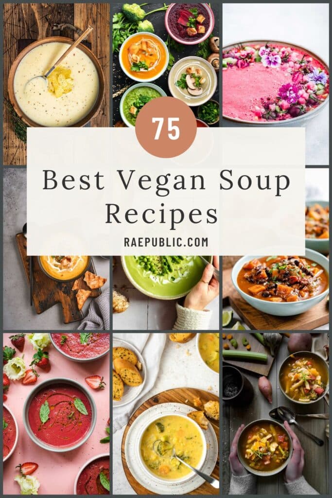 Grid image of nine soup recipes with title written over it.