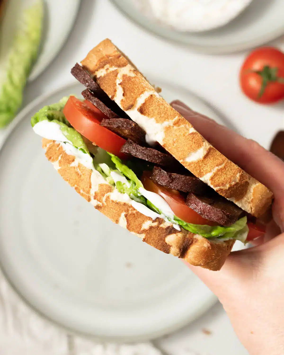 A person holding a vegan tofu sandwich with lettuce and tomatoes.