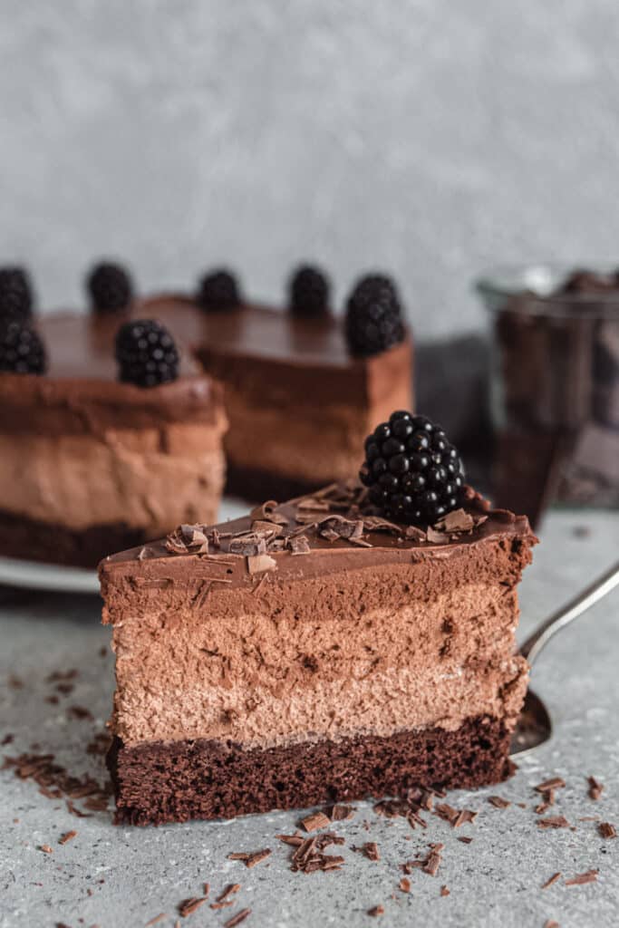 Chocolate mousse cake topped with ganache and blackberries.
