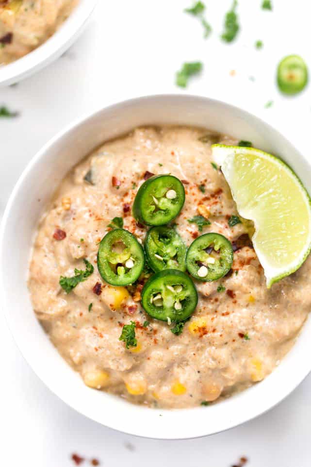 Vegan Mexican corn soup made in a crockpot with lime and jalapenos.