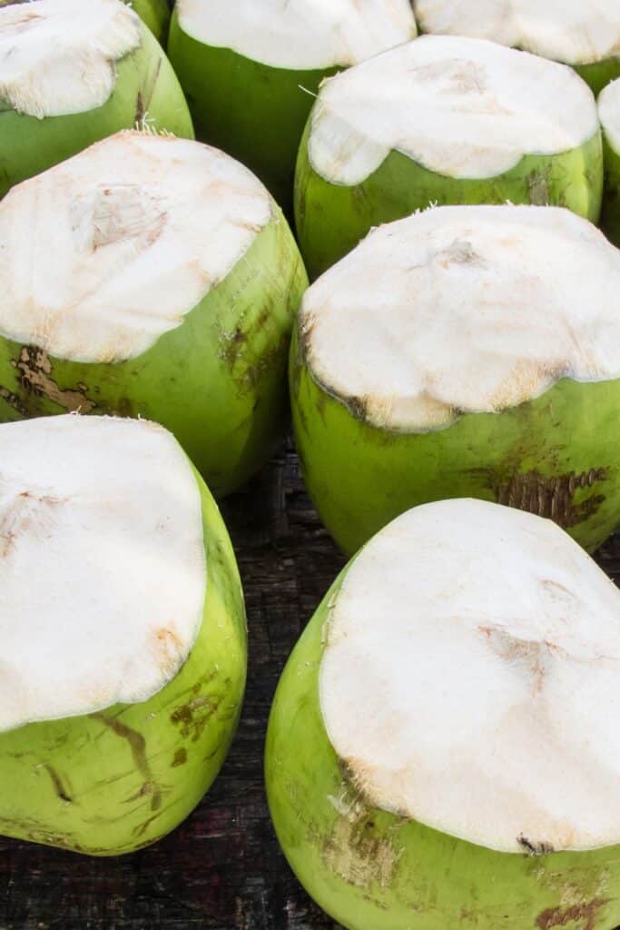 Bunch of young coconuts partially prepared showing its white flesh.