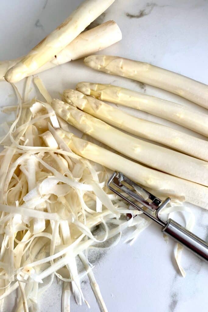 White asparagus on a marble surface. 
