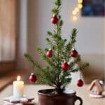 Small evergreen tree in a tea cup.