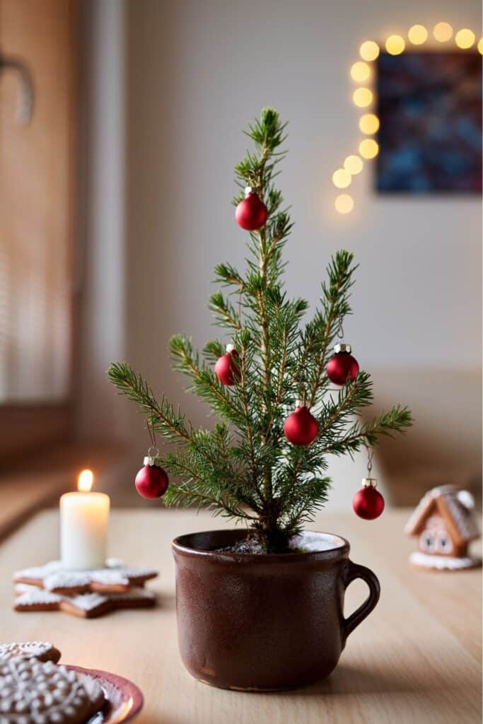 Small evergreen tree in a tea cup. 