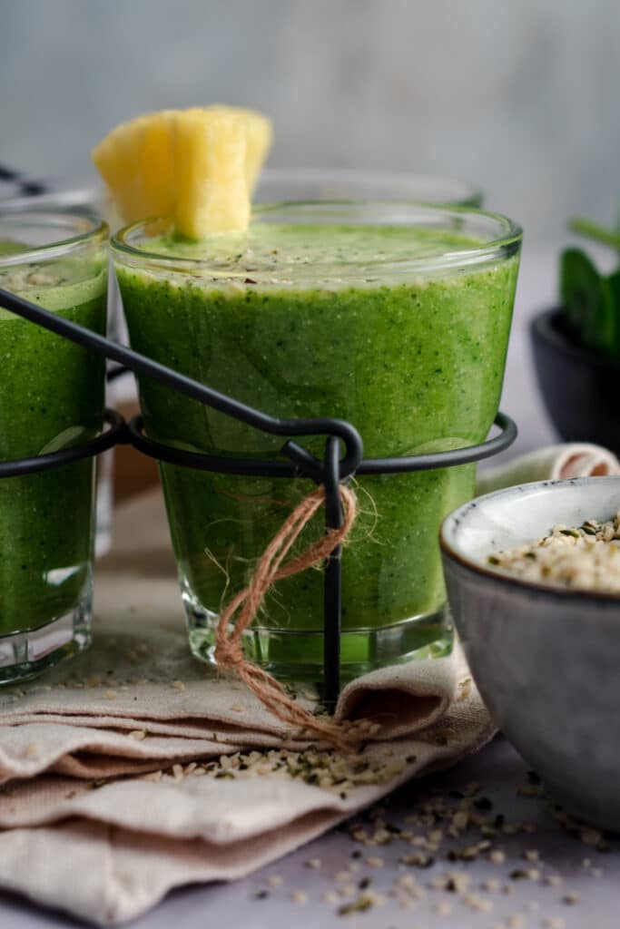 Close up of green pineapple smoothie recipe.