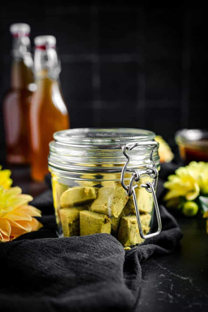 Glass jar of vegetable stock cubes.