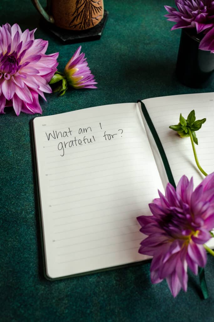 What am i grateful for written on a notebook.