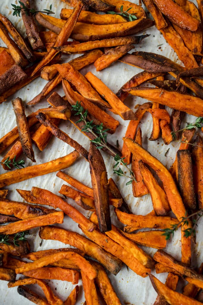 Sweet potato fries with thyme and rosemary.