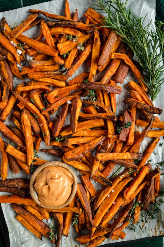 Sweet potato fries with rosemary dipping sauce.