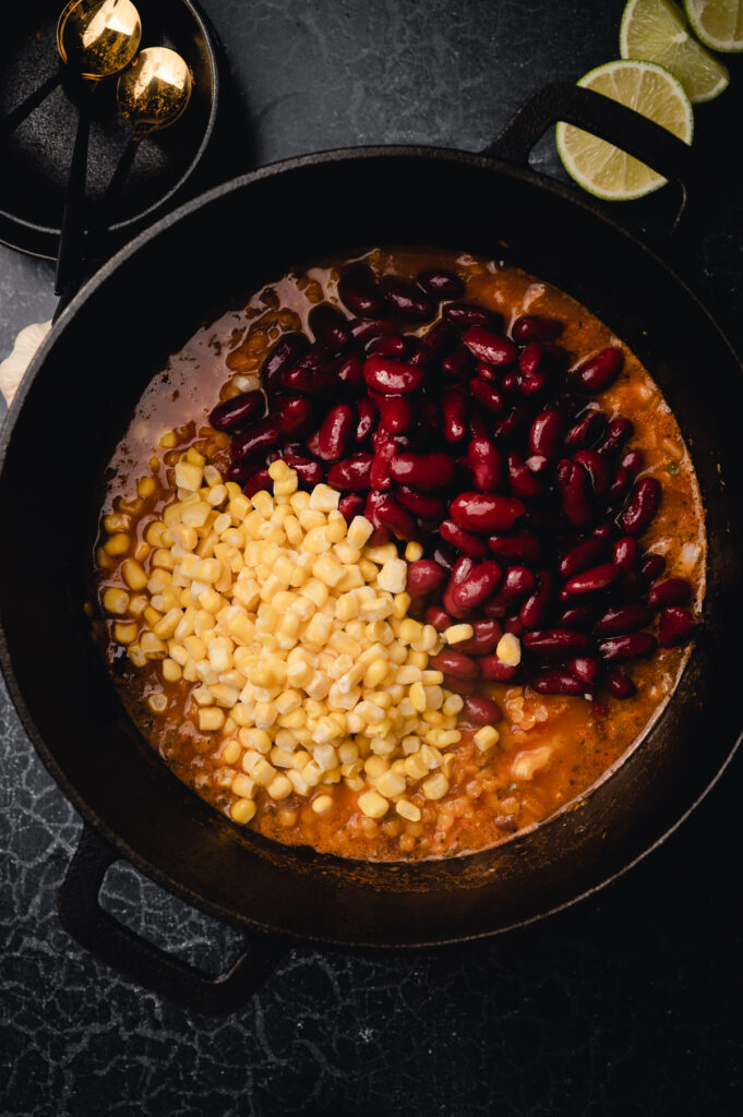 Corn added to the best vegan chili recipe.