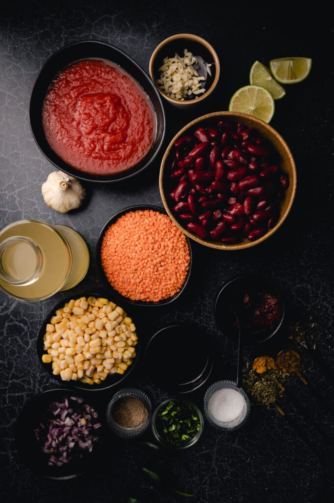 Ingredients for vegan chili recipe.