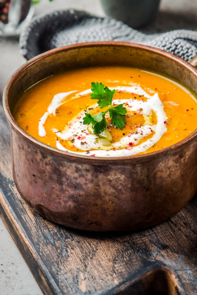Best pumpkin curry soup in a copper saucepan.