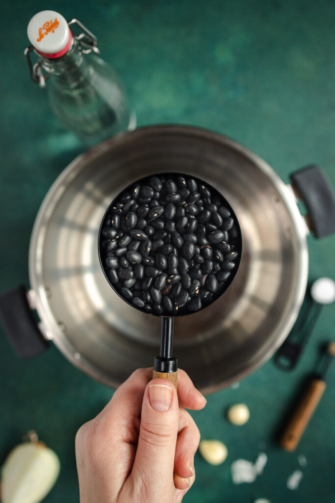 A person is holding a pan with black beans in it.