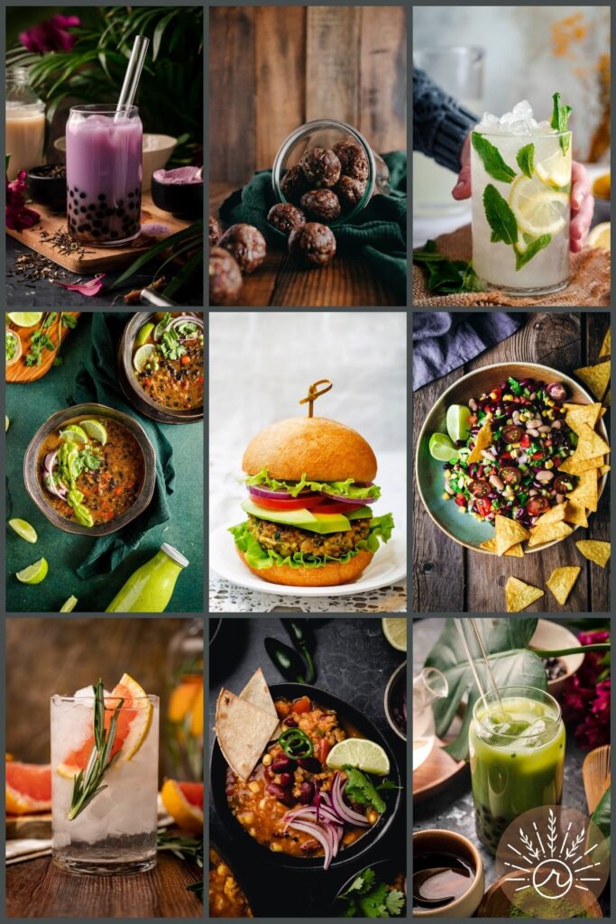A collage of pictures of food and drinks for the Super Bowl.