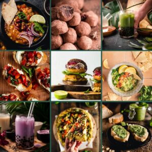 A vibrant collage of vegan super bowl recipes, showcasing mouthwatering pictures of different foods and drinks.