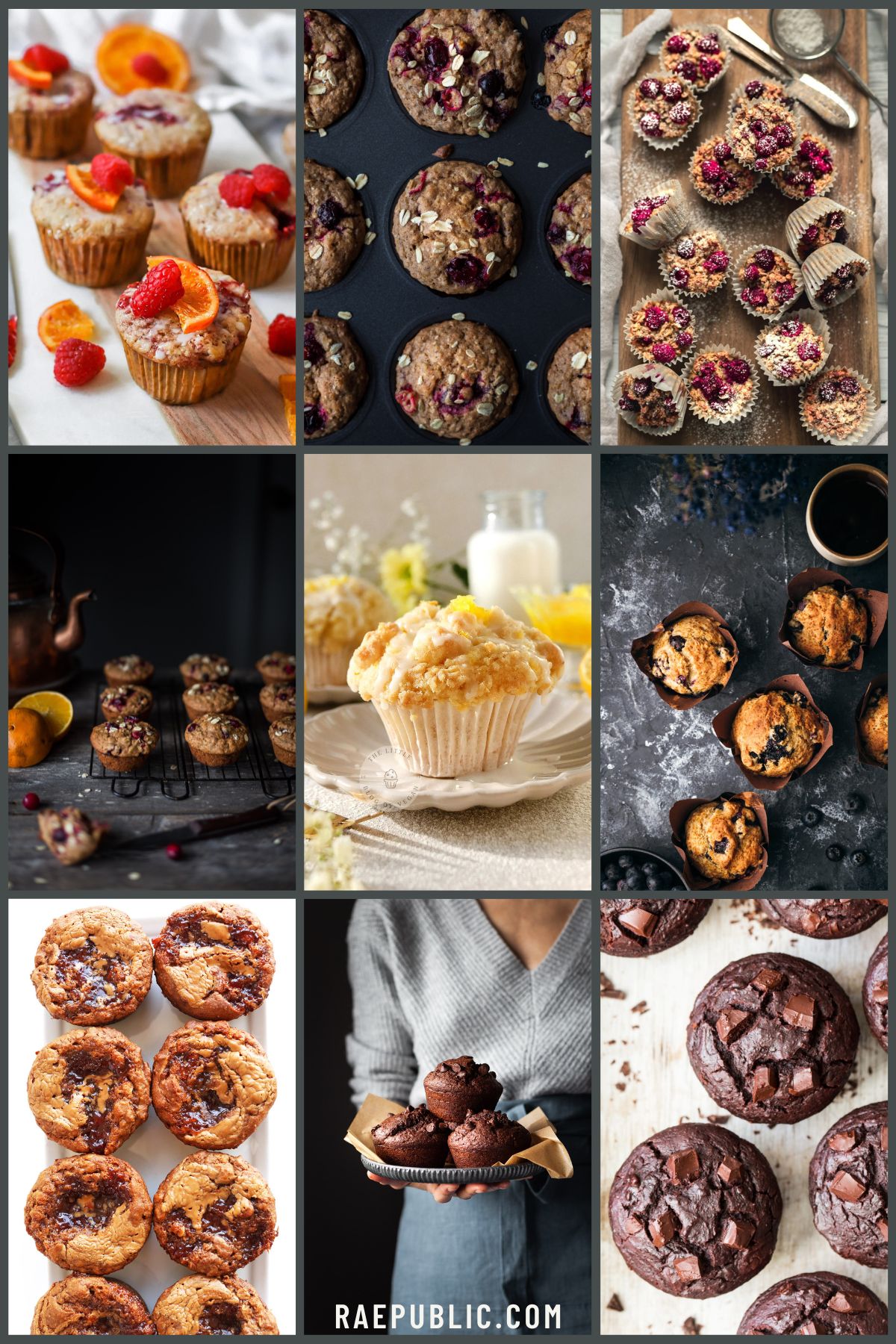 Collage of various vegan muffin recipes including blueberry, chocolate chip, and raspberry, displayed on different rustic surfaces.