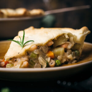 A slice of vegetable pot pie garnished with a sprig of rosemary on a ceramic plate.