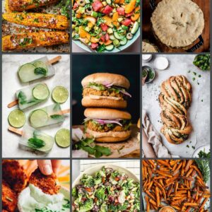 A collage of nine food images featuring chickpea burgers, a colorful salad, pot pie, ice pops, lime popsicles, a braided bread, mac and cheese, and sweet potato fries.