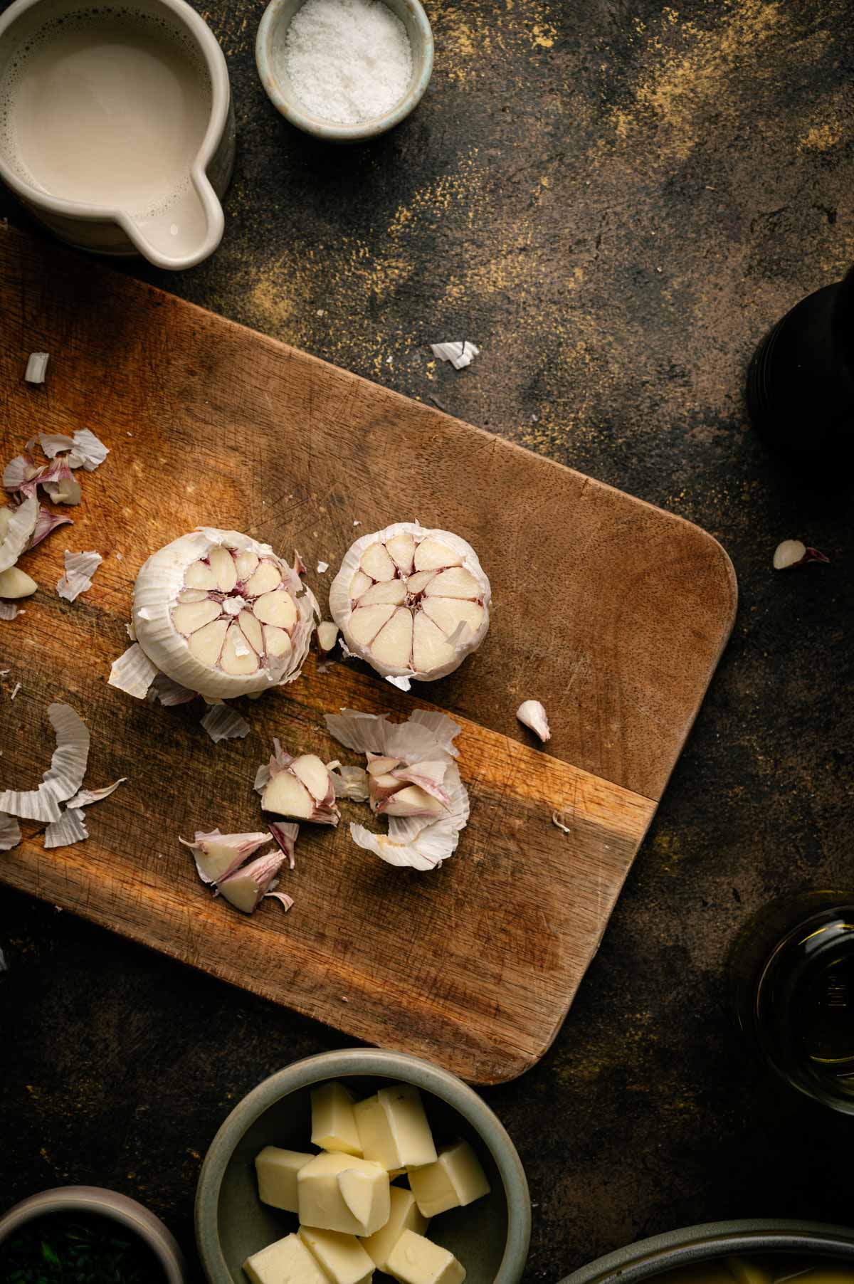 Roasting garlic in parchment paper.