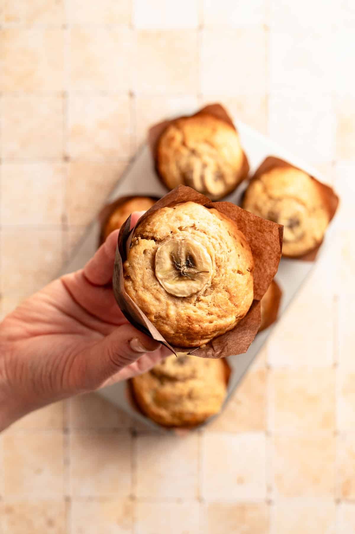 Close up of banana protein muffins in the baking tin.