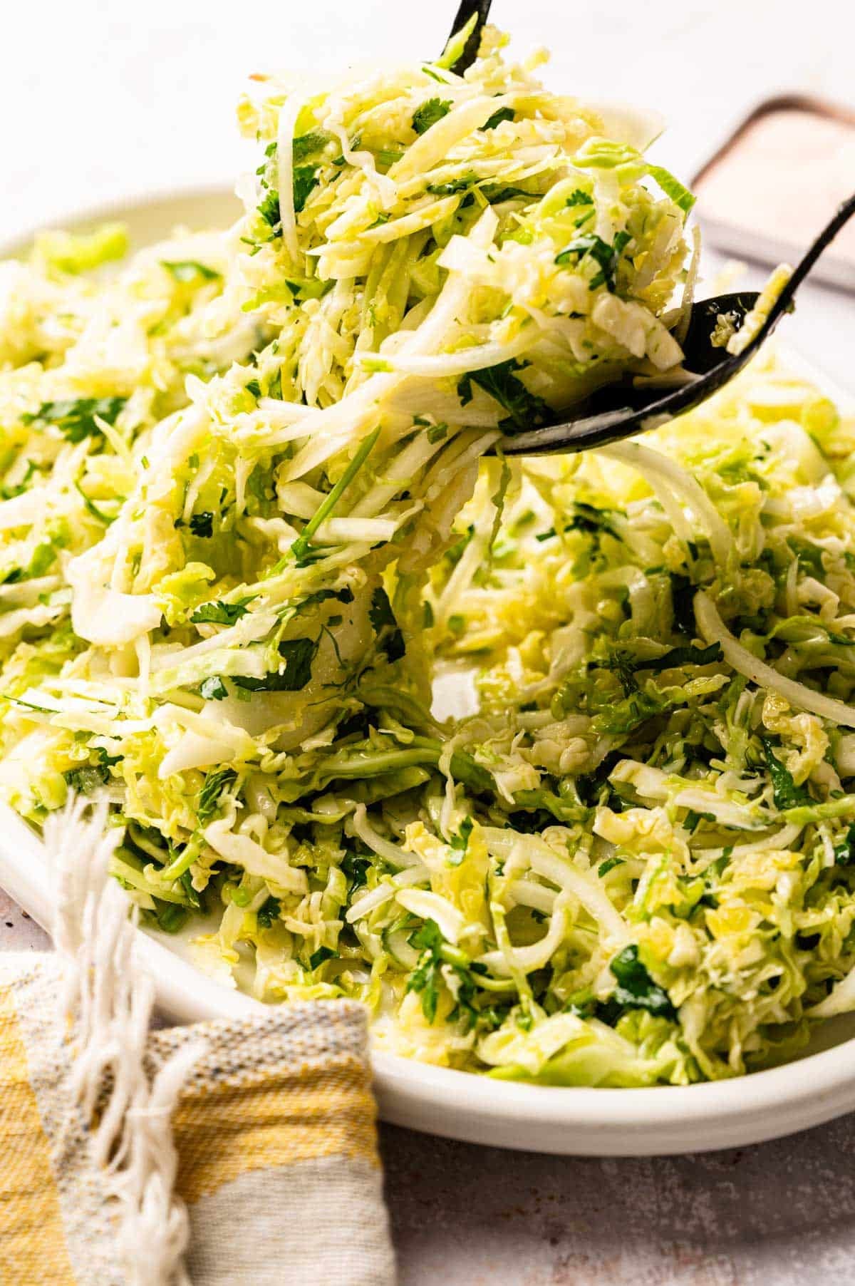 Close up of shredded green cabbage salad on an oval serving platter.