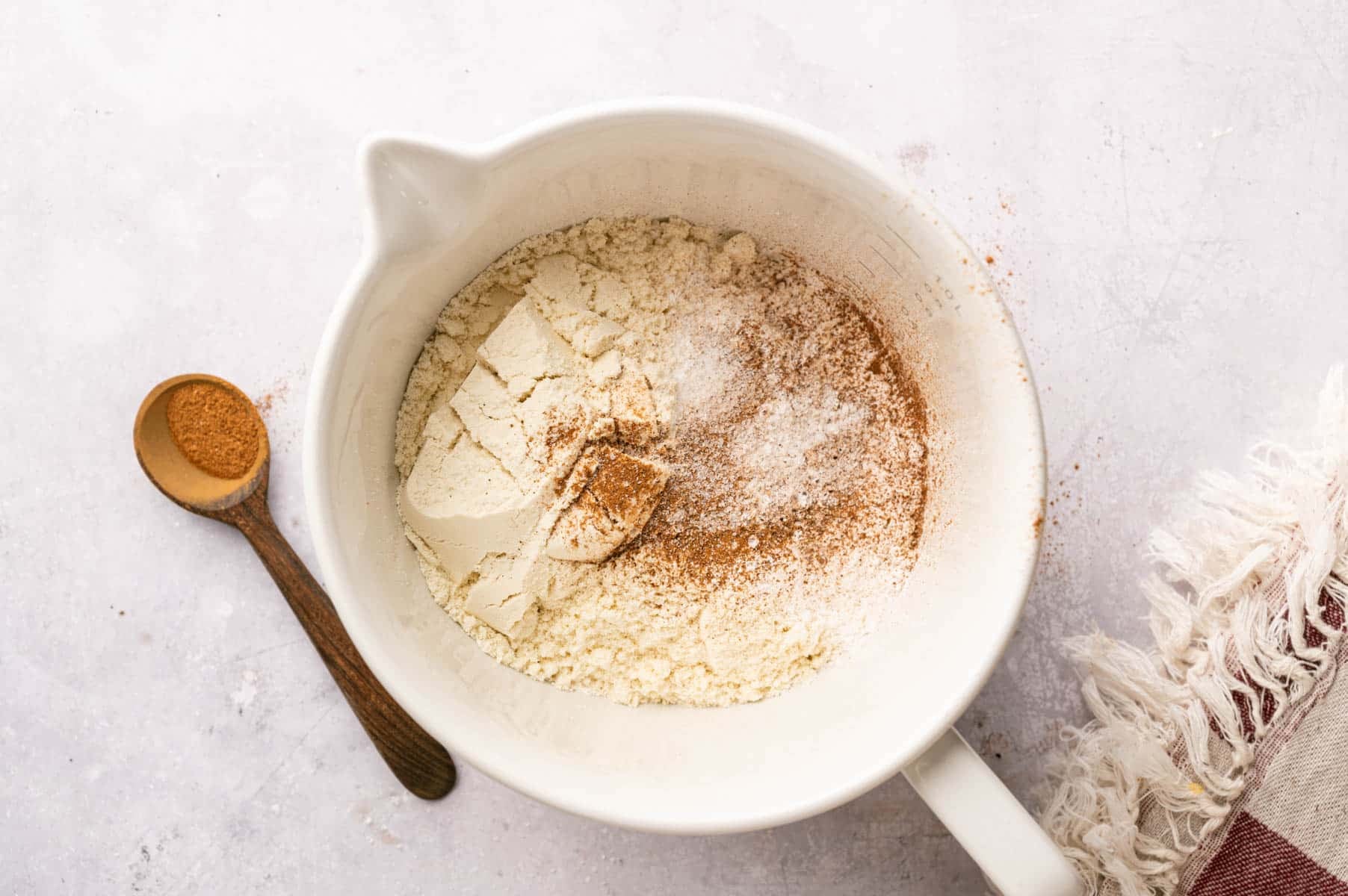 Dry ingredients in a bowl for egg-free protein pancakes.