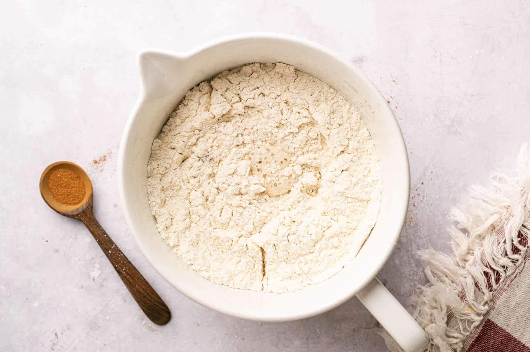 Dry ingredients in a bowl for egg-free protein pancakes.